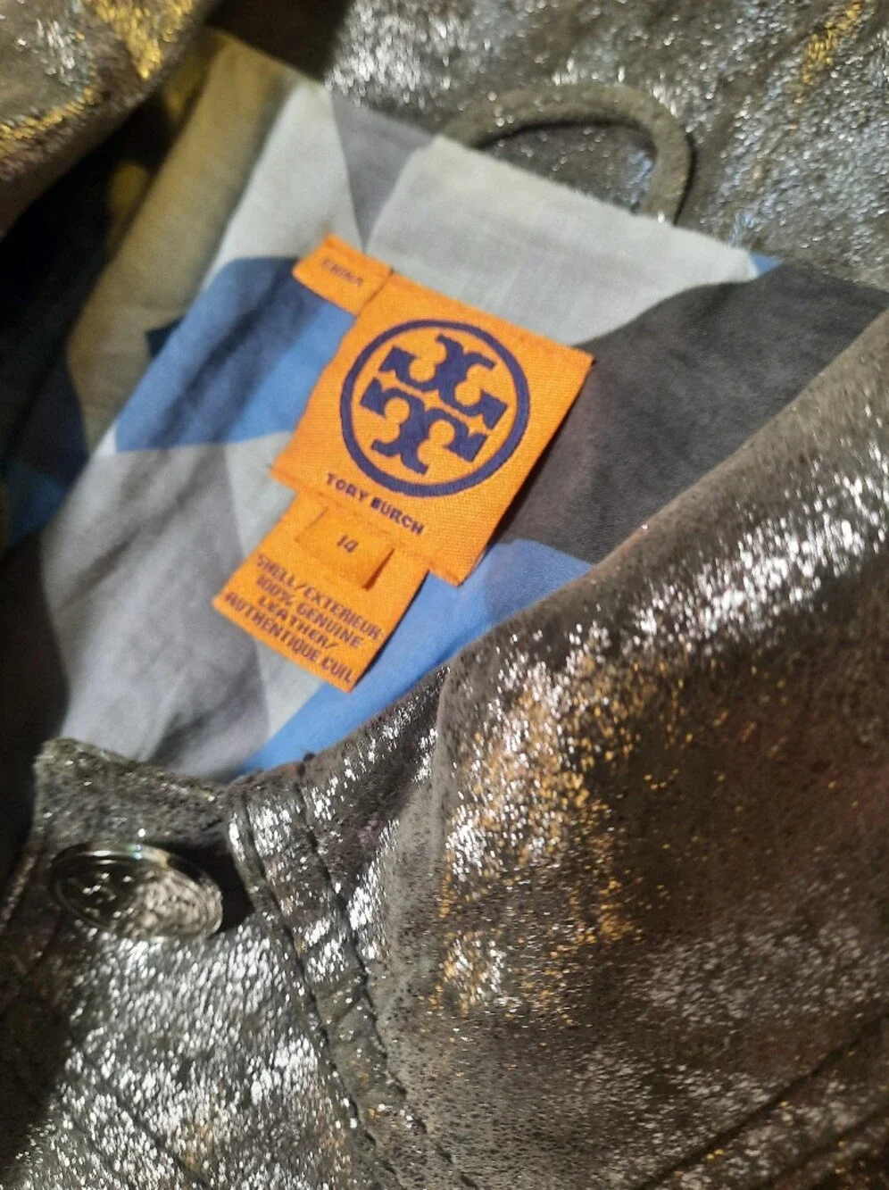 TORY BURCH Leather Jacket Pewter Bomber Biker Logo Distressed Military Thigh 14
